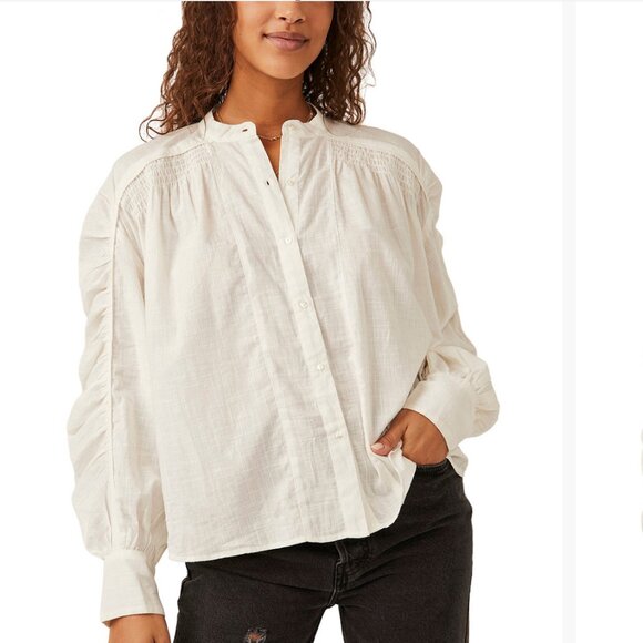 Free People "Maraya Ruched Puff-Sleeve" Cotton Blouse - Picture 1 of 9